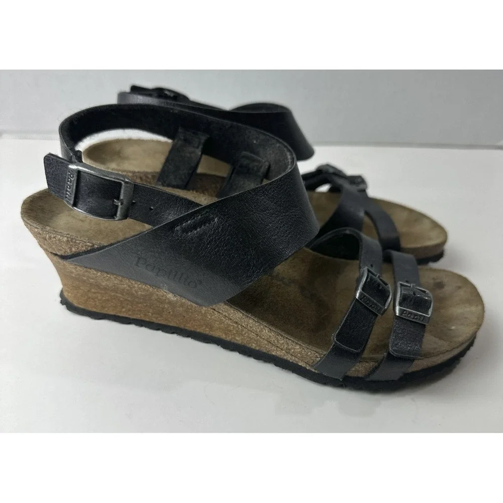 Birkenstock Papillio Ellen Wedge Sandals Women's 39 US 8 - 8.5 Black Strappy - Picture 11 of 12